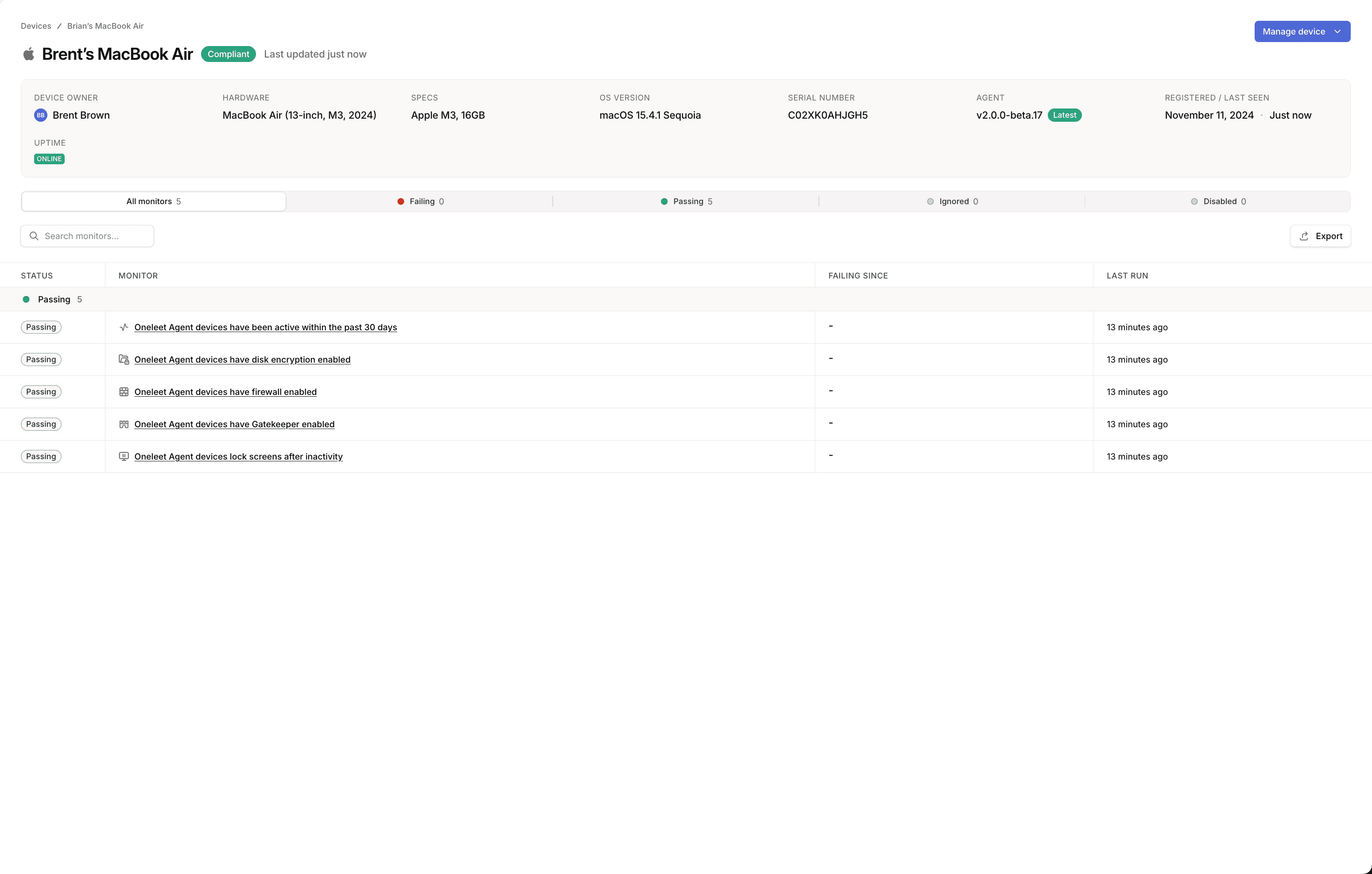 Admin view of Devices